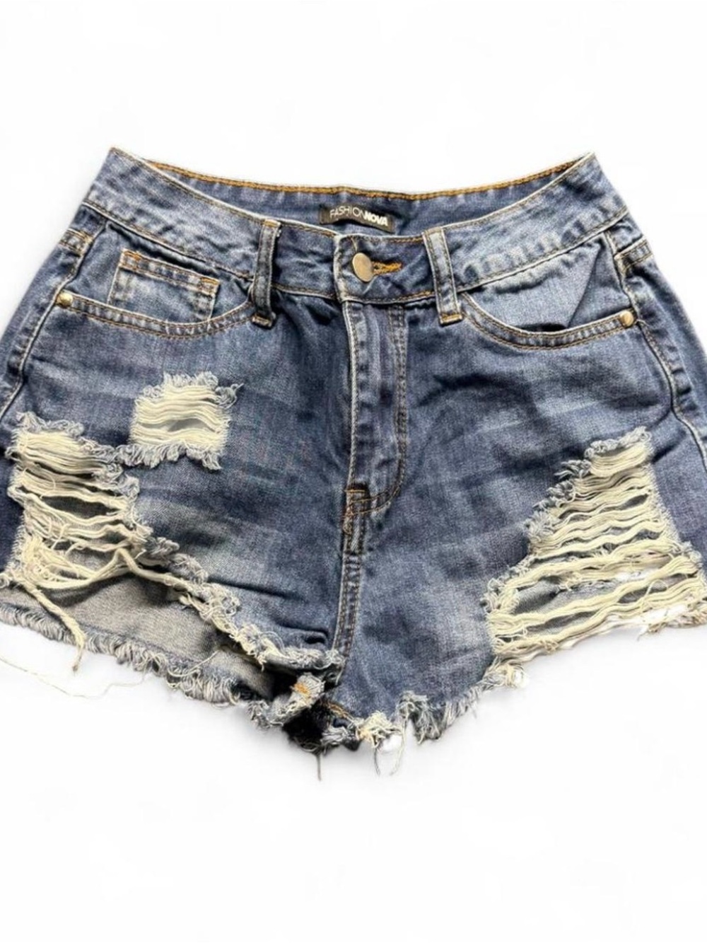 Fashion Nova Distressed Light Blue High-Waist Denim Shorts